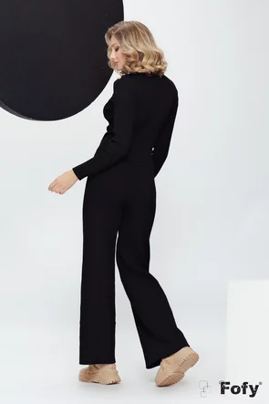 Compleu dama tricotat negru din vascoza premium pantalon cu nasturi aurii si pulover
