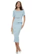 Compleu dama tricotat premium bleu bluza petrecuta cu nasturi curea si fusta conica midi