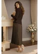 Compleu dama tricotat premium maro jacheta cu peplum si capse bijuterie rochie plisata