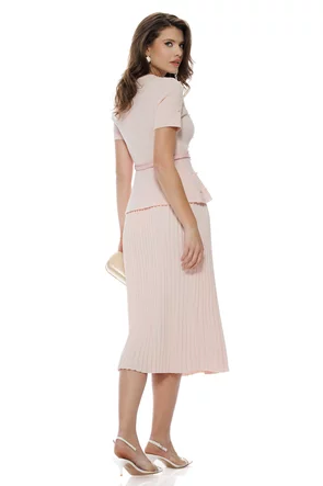 Compleu dama tricotat premium roz bluza cu perle curea si fusta plisata midi