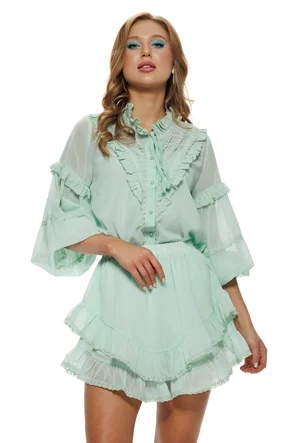 Compleu dama verde menta elegant camasa si fusta cu volane si dantela