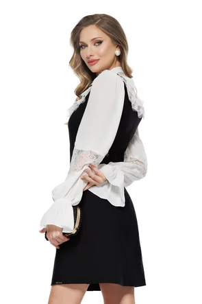 Compleu de ocazie elegant sarafan negru cu camasa cu jabou sofisticat cu dantela si brosa