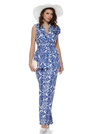 Compleu de vara imprimeu sicilian ceramic vesta cu cordon si pantalon cu pense
