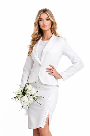 Compleu Fofy elegant dama  alb  fusta conica cu aplicatie de dantela premium cu paiete fine argintii si sacou scurt cambrat