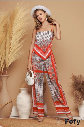Compleu lejer dama de vara satinat cu pantalon si top tip esarfa cu imprimeu boho paisley