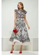 Compleu spectaculos din organza imprimeu dantelat bluza cu volane si fusta midi