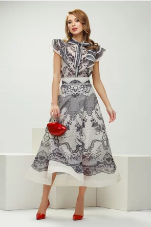 Compleu spectaculos din organza imprimeu dantelat bluza cu volane si fusta midi