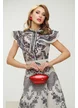 Compleu spectaculos din organza imprimeu dantelat bluza cu volane si fusta midi