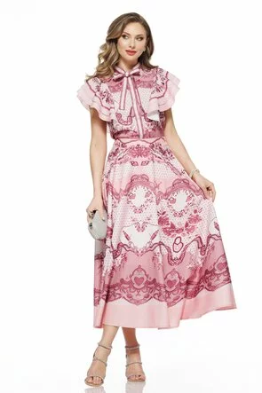 Compleu spectaculos din organza imprimeu dantelat roz bluza cu volane si fusta midi