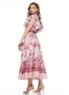 Compleu spectaculos din organza imprimeu dantelat roz bluza cu volane si fusta midi