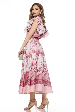 Compleu spectaculos din organza imprimeu dantelat roz bluza cu volane si fusta midi