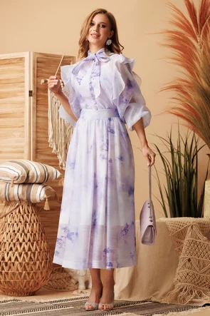 Compleu spectaculos din organza liliachiu fusta midi si bluza cu nasturi cristal