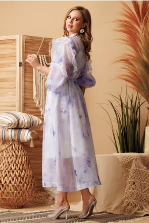 Compleu spectaculos din organza liliachiu fusta midi si bluza cu nasturi cristal