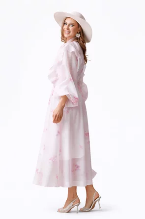 Compleu spectaculos din organza roz fusta midi si bluza cu nasturi cristal
