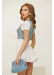 Crop top dama din tweed bleu accesorizat cu detalii metalice si perle