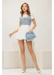 Crop top dama din tweed bleu accesorizat cu detalii metalice si perle
