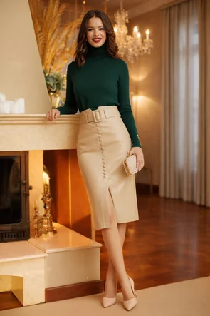 Fusta bej din piele ecologica conica cu nasturi imbracati si centrura inclusa