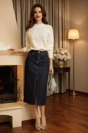 Fusta dama din blug indigo cu talie inalta si crapatura in fata