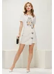 Fusta eleganta Fofy mini din tweed premium alb cu fundite strassuri