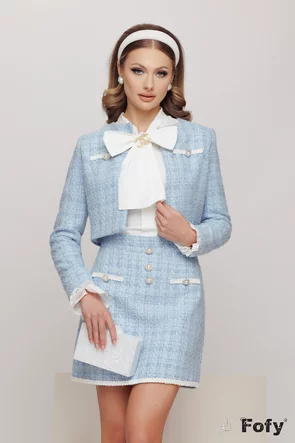 Fusta eleganta Fofy mini din tweed premium bleu cu contururi dantelate si nasturi perla
