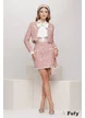 Fusta eleganta Fofy mini din tweed premium roz cu contururi dantelate si nasturi perla