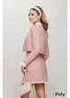 Fusta eleganta Fofy mini din tweed premium roz cu contururi dantelate si nasturi perla