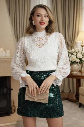 Fusta eleganta Fofy mini verde din catifea cu paiete