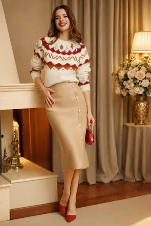 Fusta eleganta midi bej cu nasturi aurii pe crapatura laterala