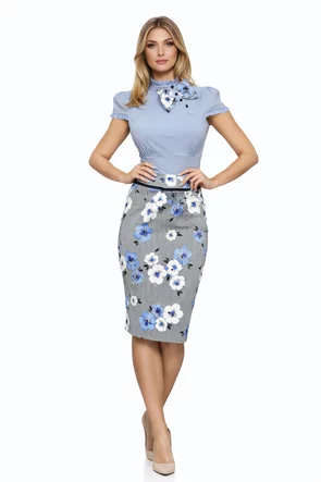 Fusta Fofy conica cu dungi si flori albastre