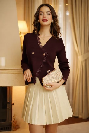 Fusta mini crem cu fir delicat de lurex din tricot premium plisat