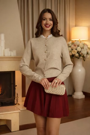 Fusta mini din tricot bordo premium plisat