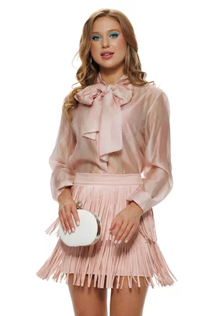 Fusta mini roz de piele intoarsa cu franjuri suprapuse