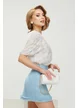 Fusta premium eleganta din tweed bleu cu paiete fine si detalii franjurate