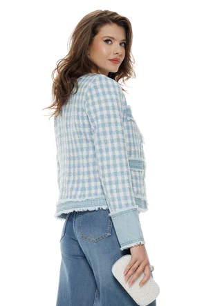 Geaca dama din stofa carouri premium din bumbac cu insertii de blug