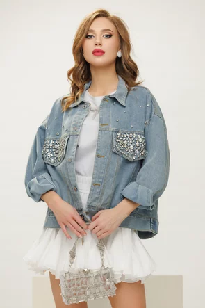 Geaca de blugi premium oversize albastra innobilata cu cristale maxi