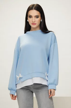Hanorac dama casual bleu  din bumbac supersoft cu fundite