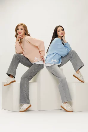 Hanorac dama casual bleu  din bumbac supersoft cu fundite