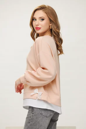 Hanorac dama casual roz din bumbac supersoft cu fundite