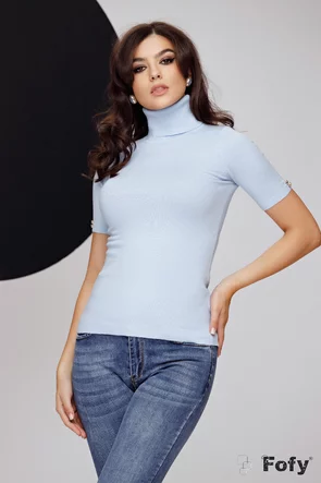 Helanca dama cu maneca scurta bleu premium cu perle la maneci