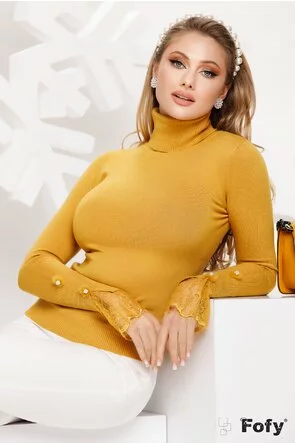 Helanca dama mustariu eleganta cu volane din dantela si nasturi cu puf