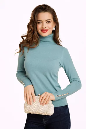 Helanca dama turcoaz pudrat eleganta cu mansete late cu decupaje si aplicatii de perle