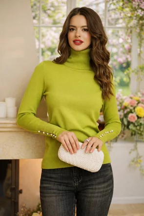 Helanca dama verde lime eleganta cu mansete late cu decupaje si aplicatii de perle