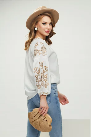 Ie dama alba traditionala din bumbac 100% cu broderie florala bej si ciucuri decorativi