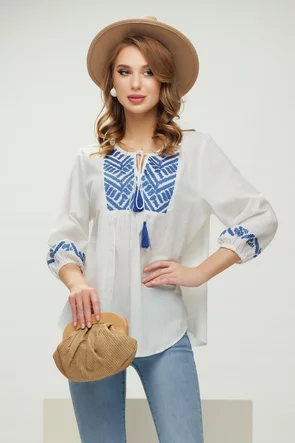 Ie dama din rayon premium cu broderie albastra si ciucuri