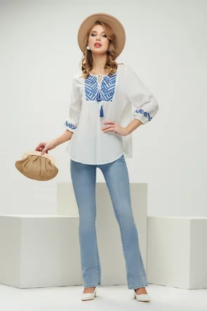 Ie dama din rayon premium cu broderie albastra si ciucuri