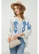 Ie dama premium din rayon cu broderie florala albastra si guler tunica