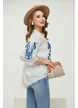 Ie dama premium din rayon cu broderie florala albastra si guler tunica