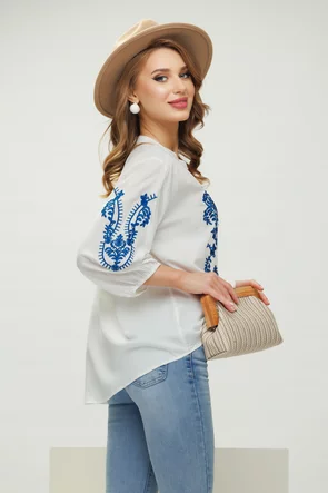 Ie dama premium din rayon cu broderie florala albastra si guler tunica