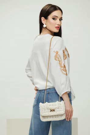 Ie dama premium din rayon cu broderie florala bej si guler tunica