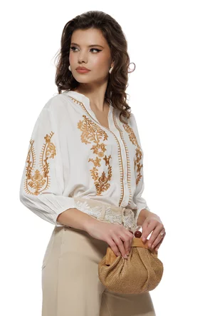Ie dama premium din rayon cu broderie florala bej si guler tunica